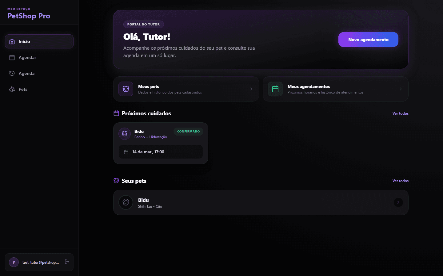 Dashboard do tutor no PetShop Pro